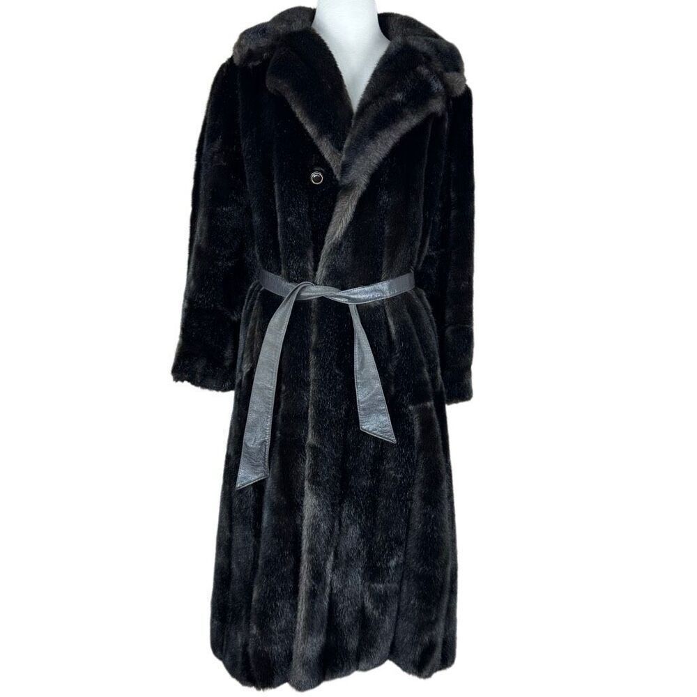 Vintage 70s Diamonte Faux Fur Coat Black Brown Mob Wife Size Medium Classic - Picture 9 of 10